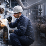 An industrial maintenance worker in a hard hat and coveralls crouches beside a corroded, leaking steam valve, inspecting it with a flashlight as steam billows around a line of rusted pipes in the background.
