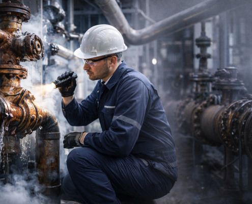 An industrial maintenance worker in a hard hat and coveralls crouches beside a corroded, leaking steam valve, inspecting it with a flashlight as steam billows around a line of rusted pipes in the background.