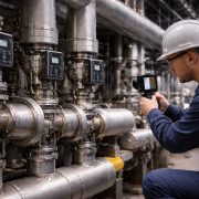 An industrial engineer in a white hard hat and navy coveralls kneels in a plant, using a handheld thermal imaging camera to inspect a row of stainless steel steam traps and piping.