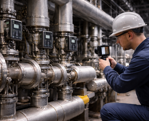 An industrial engineer in a white hard hat and navy coveralls kneels in a plant, using a handheld thermal imaging camera to inspect a row of stainless steel steam traps and piping.