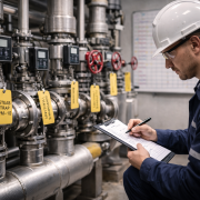 A maintenance engineer in a white hard hat and navy coveralls kneels beside a row of stainless steel steam traps and valves, filling out a checklist on a clipboard while yellow inspection tags hang from the equipment in an industrial plant.