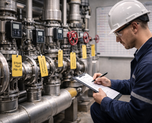 A maintenance engineer in a white hard hat and navy coveralls kneels beside a row of stainless steel steam traps and valves, filling out a checklist on a clipboard while yellow inspection tags hang from the equipment in an industrial plant.