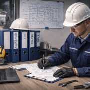A maintenance technician in a white hard hat and navy coveralls sits at a desk in an industrial office, reviewing technical blueprints on a clipboard surrounded by a laptop, blue document binders, safety earmuffs, goggles, and hand tools.