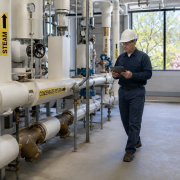 Engineer inspecting steam and condensate return piping with a tablet in a mechanical room during spring maintenance.