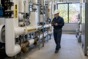 Engineer inspecting steam and condensate return piping with a tablet in a mechanical room during spring maintenance.