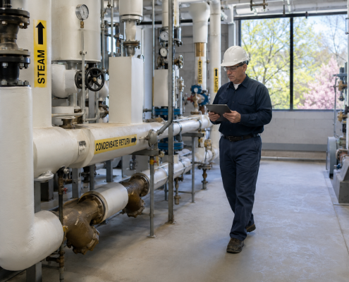 Engineer inspecting steam and condensate return piping with a tablet in a mechanical room during spring maintenance.