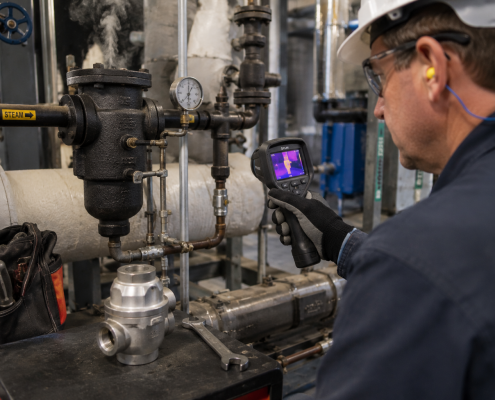 Technician using a thermal camera to inspect a steam trap and valve station for maintenance or replacement needs.
