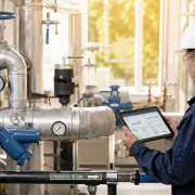 Facility engineer reviewing steam system efficiency data on a tablet beside insulated piping, valves, gauges, and a condensate return line.