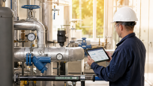 Facility engineer reviewing steam system efficiency data on a tablet beside insulated piping, valves, gauges, and a condensate return line.