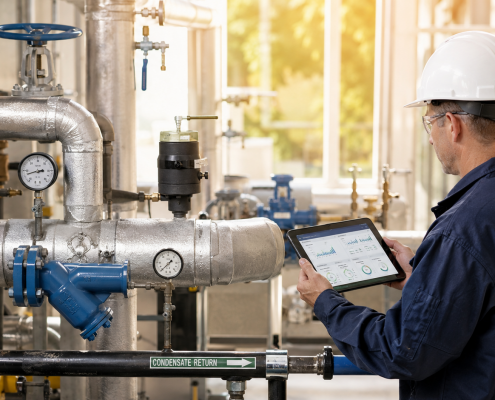 Facility engineer reviewing steam system efficiency data on a tablet beside insulated piping, valves, gauges, and a condensate return line.