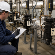 Technician documenting tagged steam trap stations during a mid-year steam trap survey in an industrial mechanical room.
