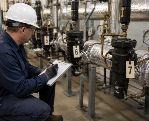 Technician documenting tagged steam trap stations during a mid-year steam trap survey in an industrial mechanical room.