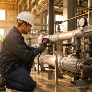 Technician using a thermal camera to inspect steam and condensate piping for heat-related performance issues during summer.