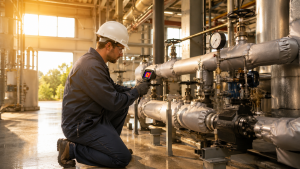 Technician using a thermal camera to inspect steam and condensate piping for heat-related performance issues during summer.