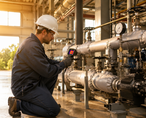 Technician using a thermal camera to inspect steam and condensate piping for heat-related performance issues during summer.