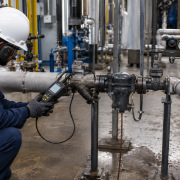 Industrial technician inspecting a steam trap for signs of failure