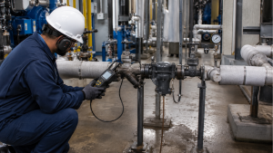 Industrial technician inspecting a steam trap for signs of failure