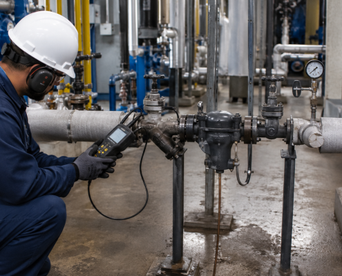 Industrial technician inspecting a steam trap for signs of failure