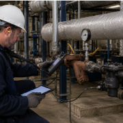 Industrial technician performing ultrasonic testing on a steam trap in a steam system