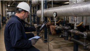 Industrial technician performing ultrasonic testing on a steam trap in a steam system