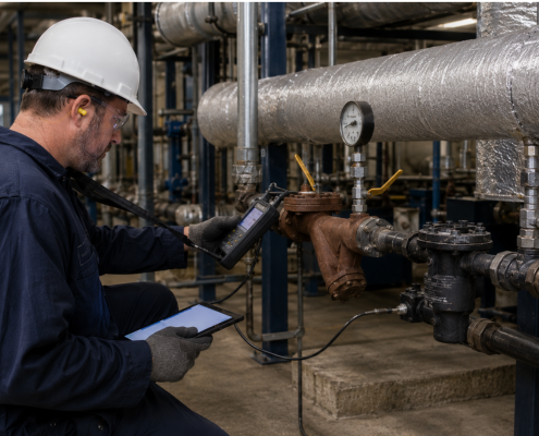 Industrial technician performing ultrasonic testing on a steam trap in a steam system