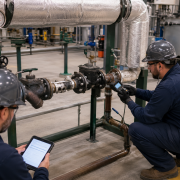 Industrial maintenance technicians inspecting steam system components before heating season