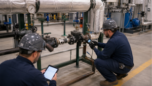Industrial maintenance technicians inspecting steam system components before heating season