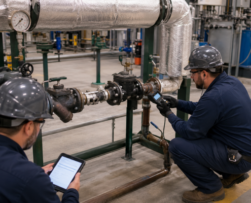 Industrial maintenance technicians inspecting steam system components before heating season