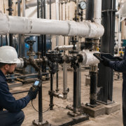 Industrial technicians troubleshooting water hammer in a steam piping system