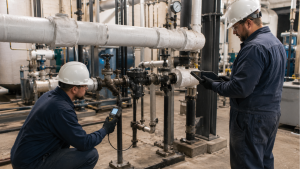 Industrial technicians troubleshooting water hammer in a steam piping system