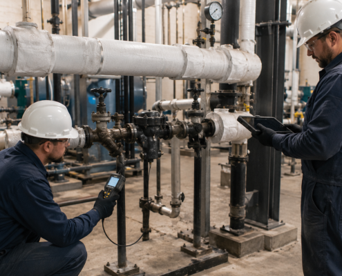 Industrial technicians troubleshooting water hammer in a steam piping system